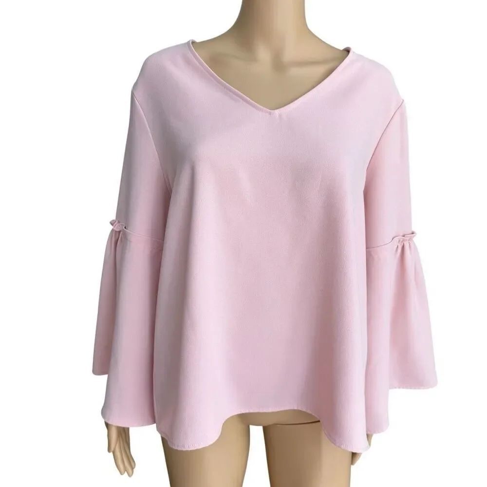 Karen Kane Ruffle-Sleeve Blouse in Petal Pink tiered bell sleeves size XL